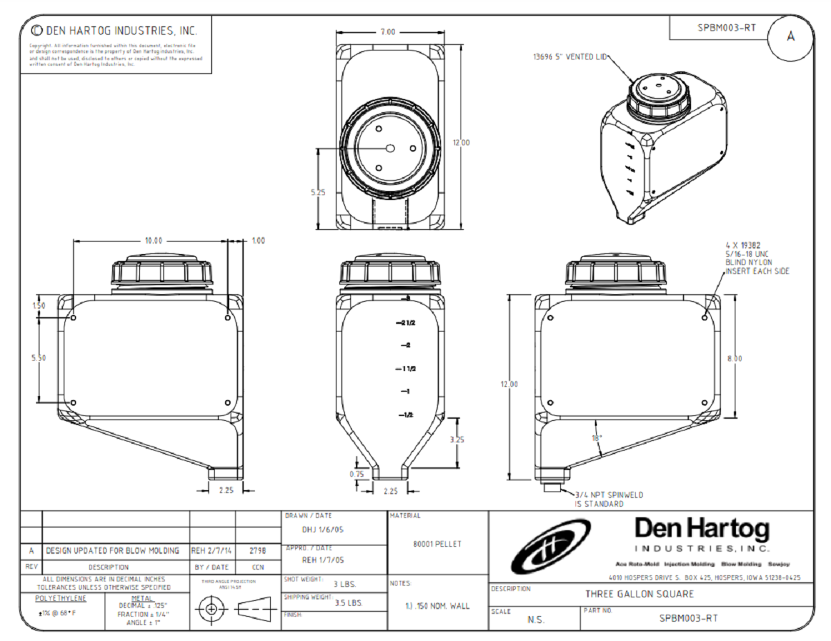 Ace Roto-Mold 3 Gallon Rectangle Rinse Tank With 5" Lid, 7x12x15 - SPBM003-RT