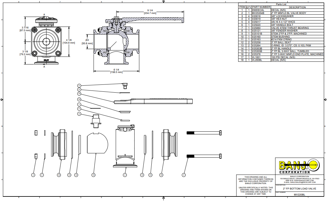 Banjo 2 Inch Full Port Manifold Flange 3-Way Bottom Load Valve - MV220BL