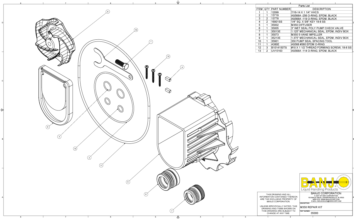 Banjo M350 Repair Kit For 3" M350POW Wet Seal Polypropylene Pump - 35000