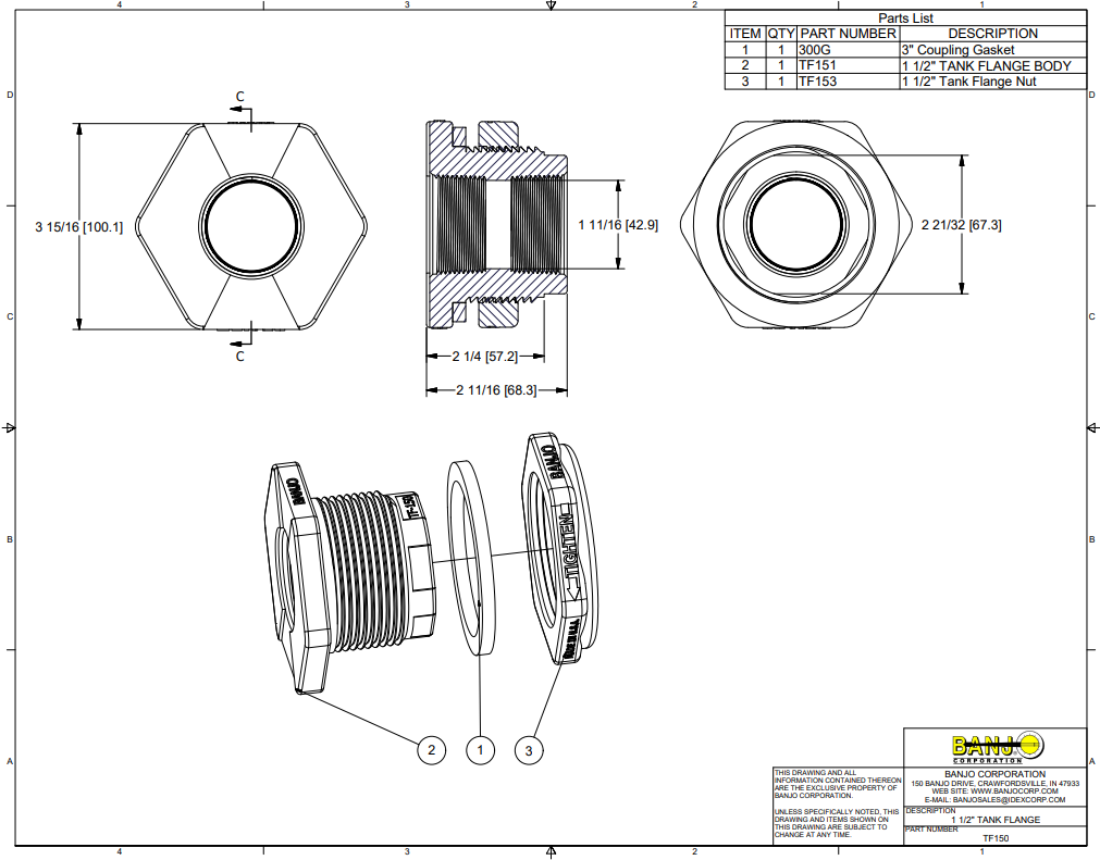 Banjo Poly Bulkhead Tank Fitting with EPDM Gasket 1-1/2" - TF150