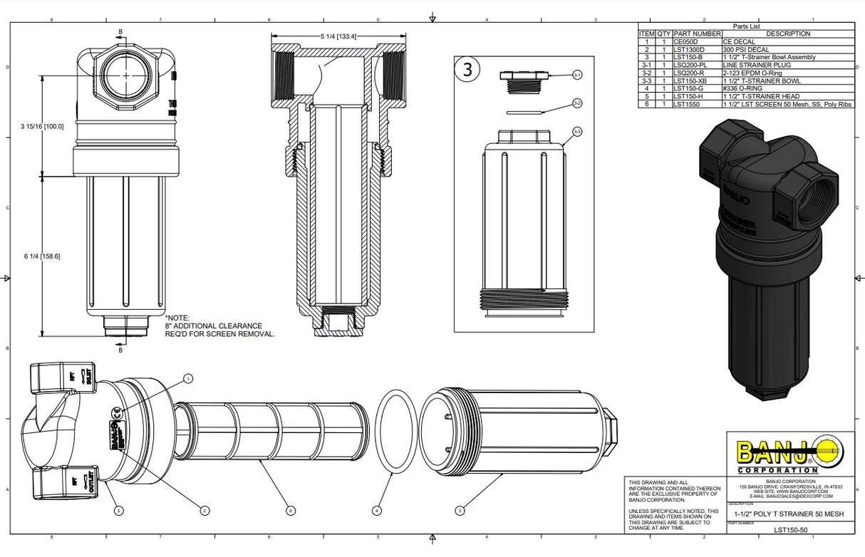 Banjo T Strainer With 50 Mesh Stainless Steel Screen 1-1/2" X 1-1/2" - LST150-50