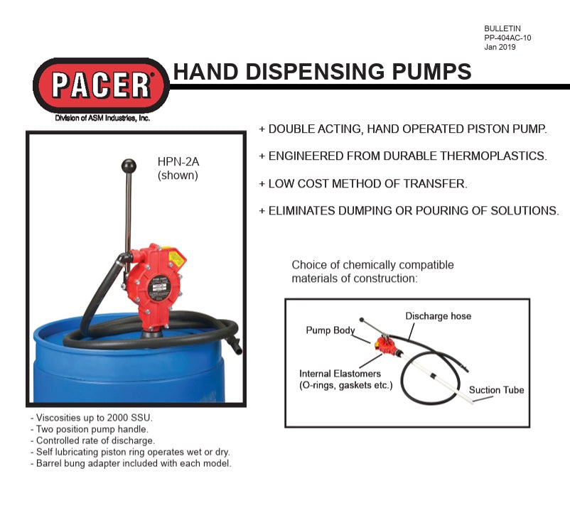 Pacer Manual Hand Operated Piston Pump For Agricultural Chemicals 8' Hose - HPN 1A