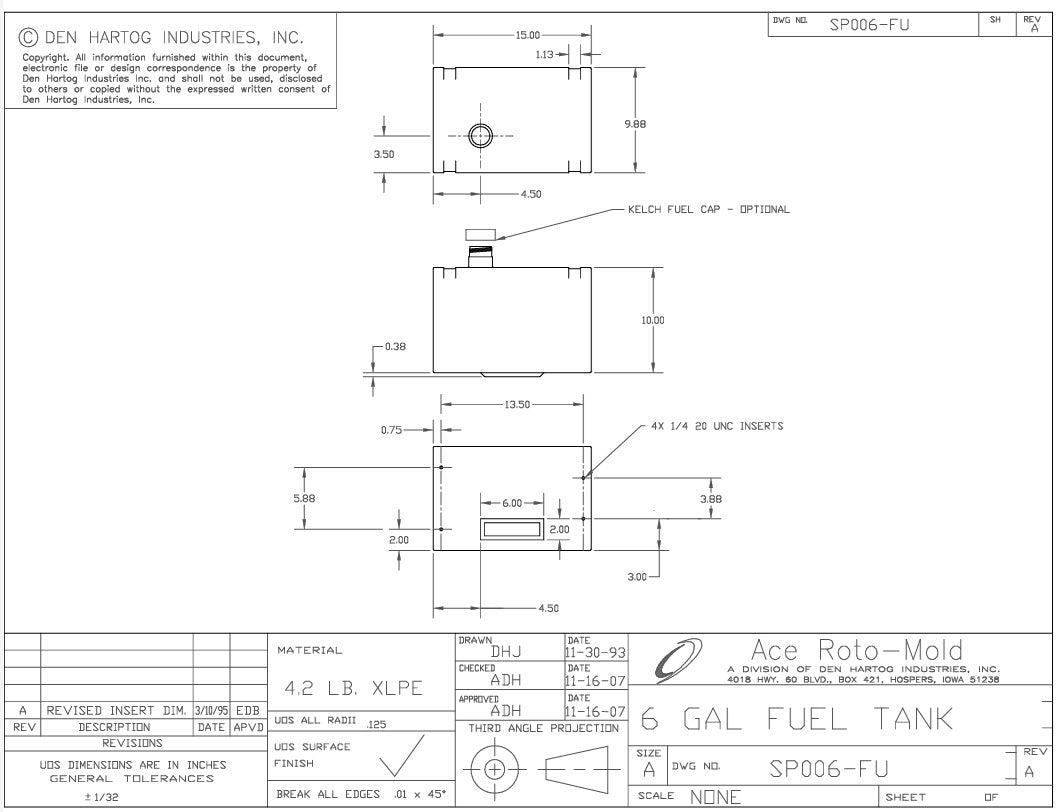Ace Roto Mold Poly Rectangle 6 Gallon Fuel Tank XLPE With 1/4" Brass Fitting - SP0006-FUWB