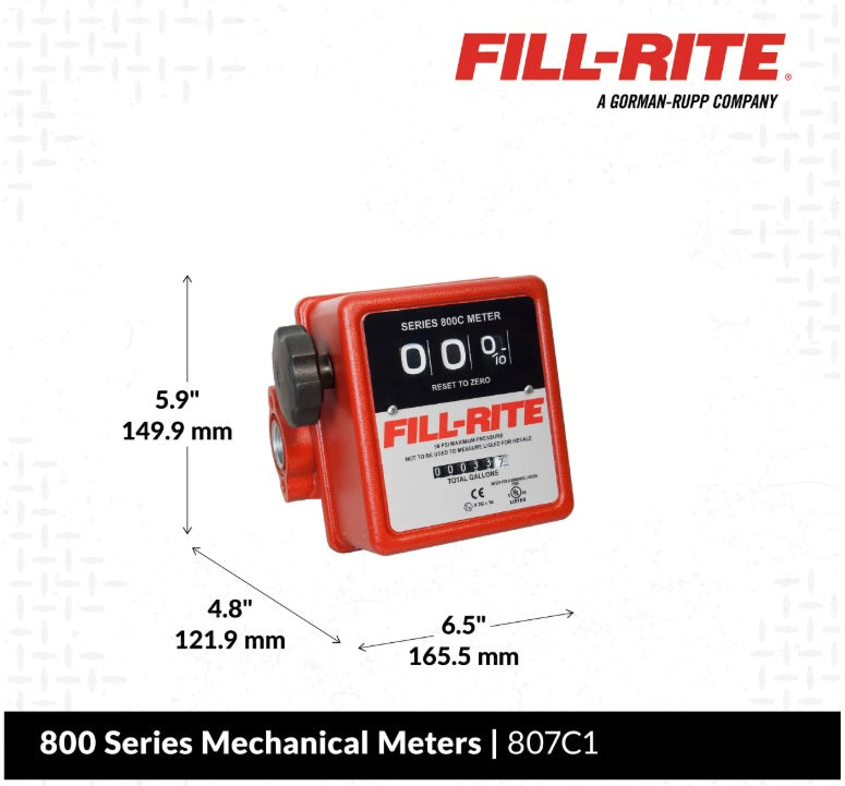 Fill Rite 5 to 20 GPM 3 Digit Mechanical Fuel Transfer Meter 1" FPT (Gallons) - 807C1