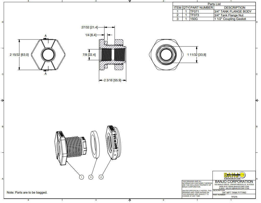 Banjo Poly Bulkhead Tank Fitting With EPDM Gasket 3/4" - TF075