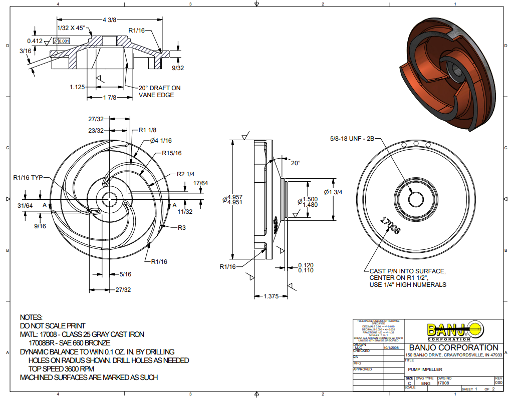 Banjo 5 Inch Cast Iron Impeller for Self-Priming Centrifugal Pumps - 17008