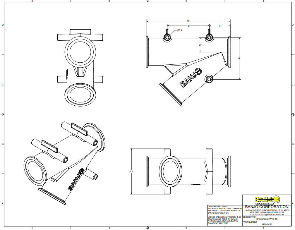 Banjo 45 Degree Manifold Flange Y Fitting 3" Full Port - M300Y45
