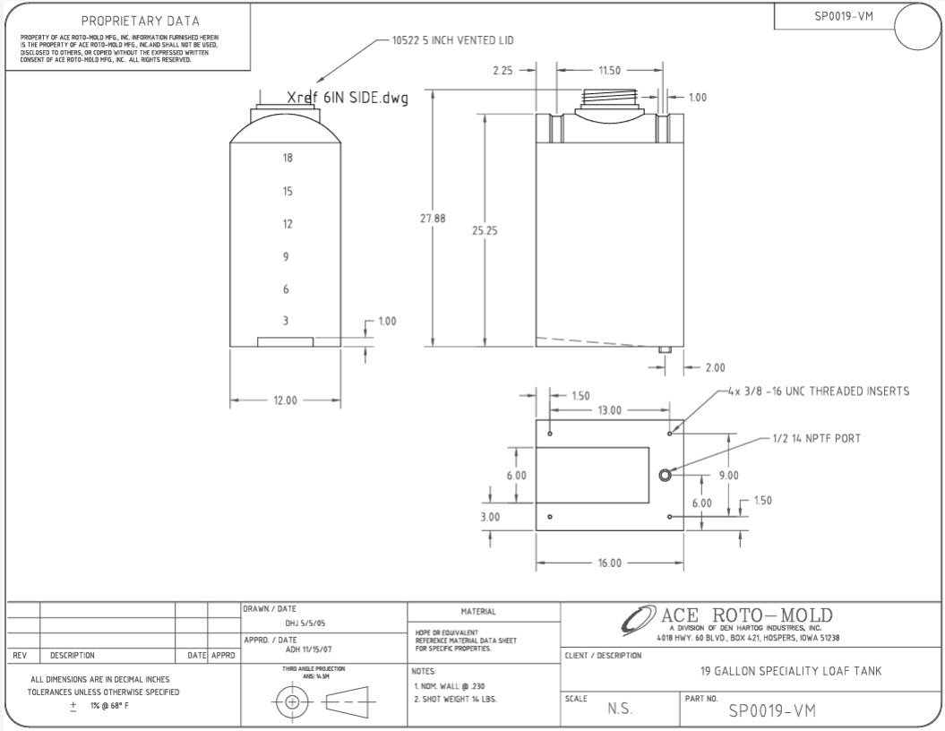 Ace Roto Mold 19 Gallon Loaf Applicator Tank With 1/2" FPT Drain 5" Lid - SP0019-VM