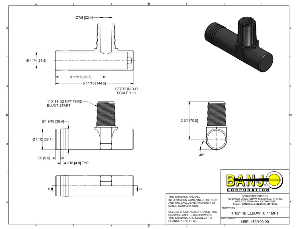 Banjo 90 Degree Hose Barb Reducer Elbow 1½" Hose Barb X 1" MPT - HBEL150/100-90