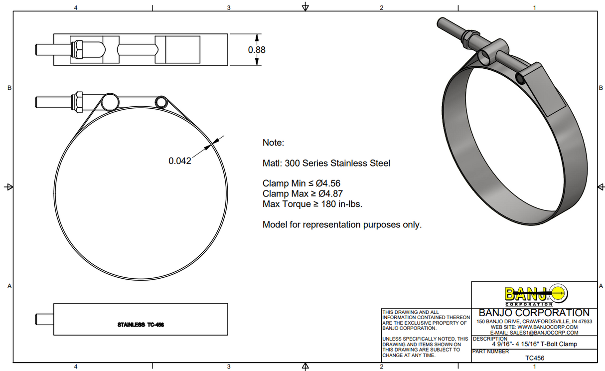 Banjo 4 Inch Stainless Steel T-Bolt Hose Clamp 4-9/16"- 4-15/16" - TC456