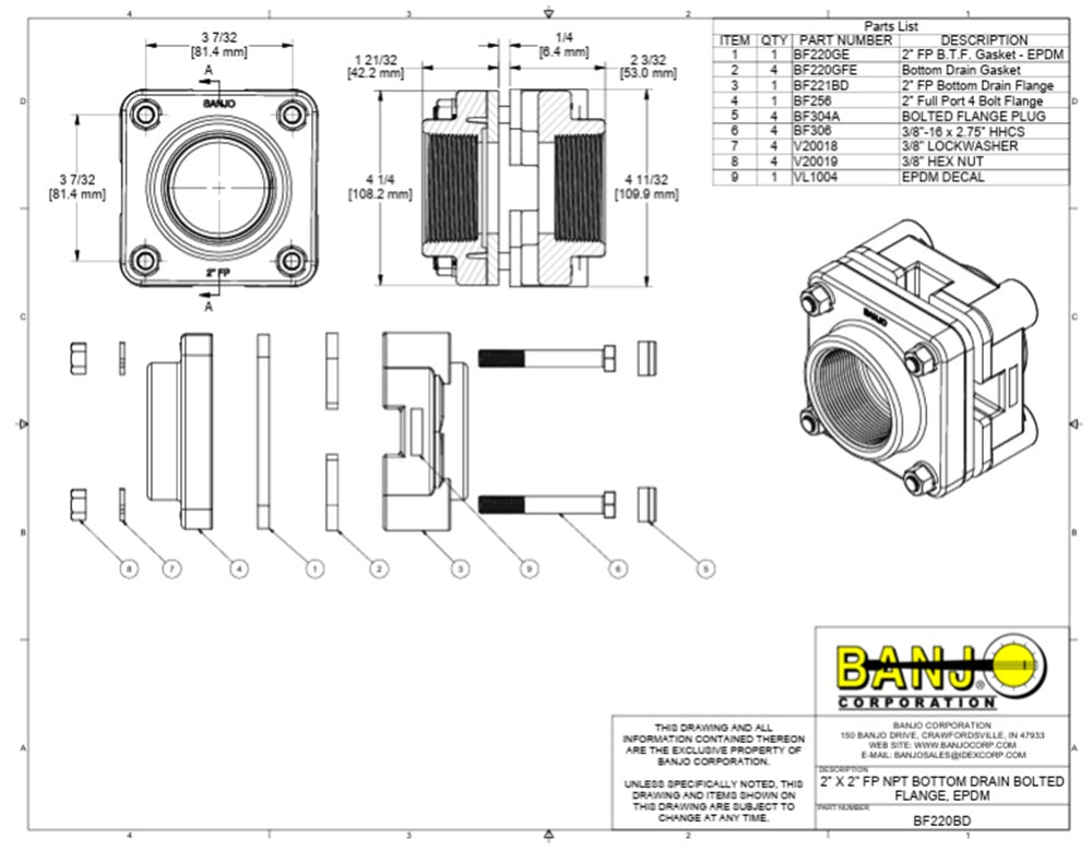 Banjo 2 Inch Full Port Bottom Drain Tank Flange 2" FNPT X 2" FNPT - BF220BD
