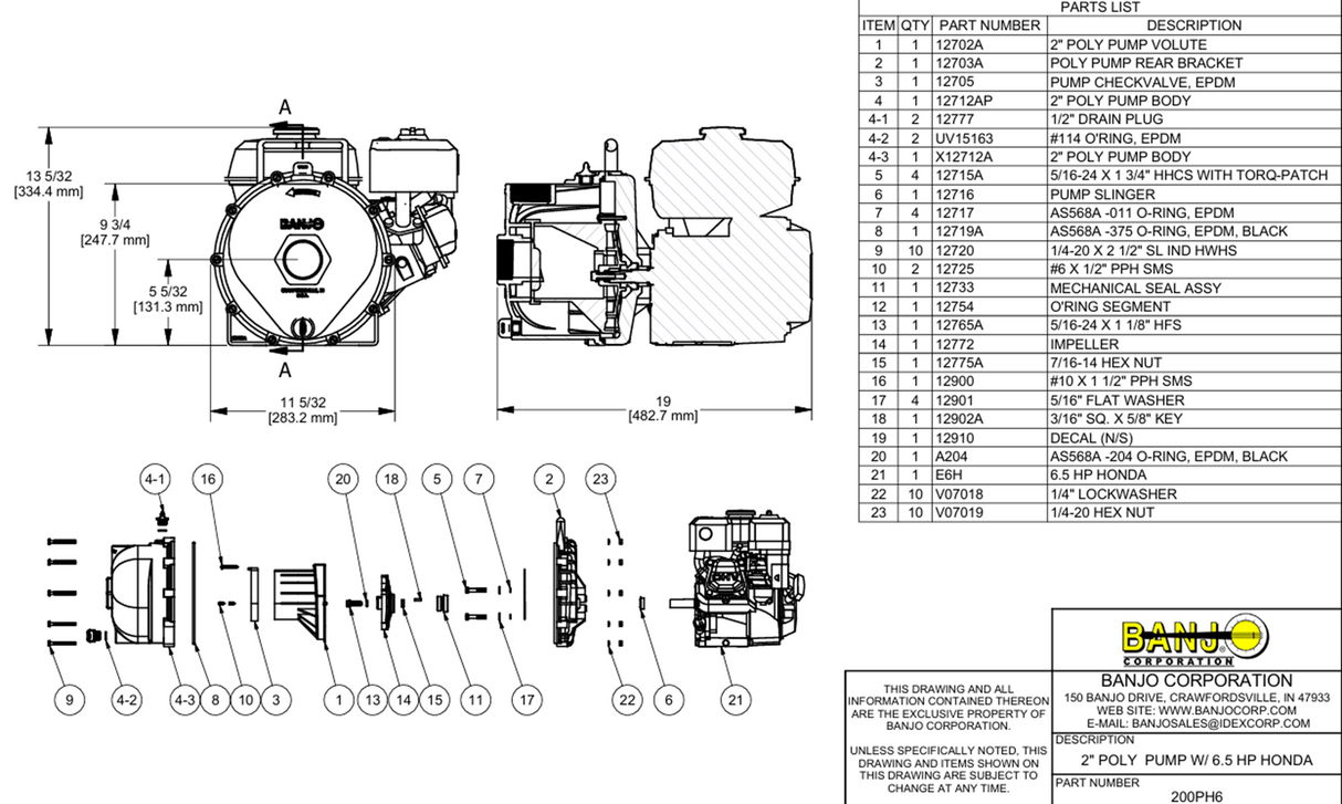 Banjo 2 Inch Poly Pump With Honda Engine 6.5 HP - 200PH6