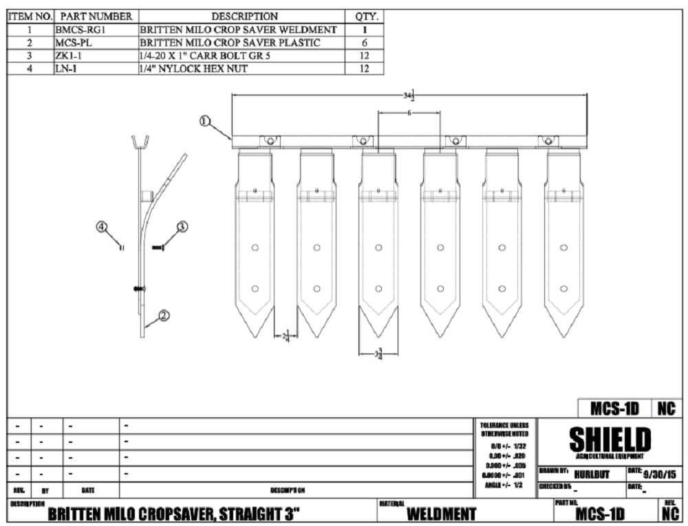 ShieldAg Brittan Milo Crop Saver Straight Guard Assembly 3 Foot - MCS-1D