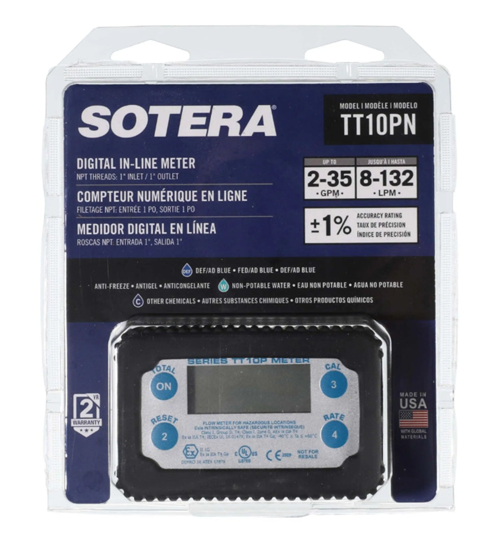 Sotera Digital In Line 4 Digit Turbine Chemical Transfer Meter 1 Inch FPT 2-35 GPM - TT10PN