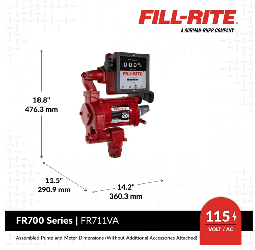 Fill Rite 20 GPM 115 Volt Cast Iron Fuel Transfer Pump With Meter, Hose, And 1" Nozzle - FR711VA