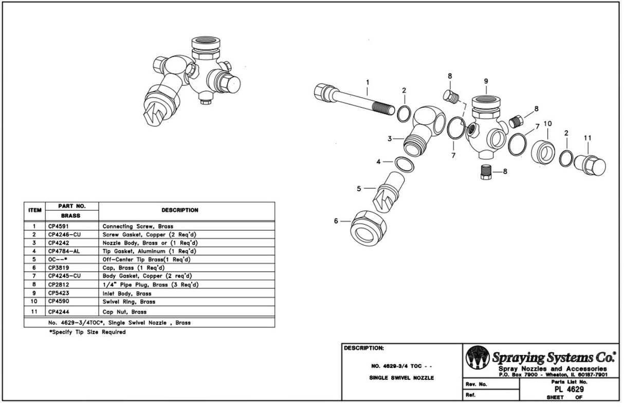 TeeJet Single Swivel Boomless Spray Nozzle Off-Center Flat Tip - 4629-3/4-TOC30