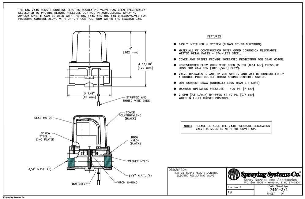 TeeJet Electric Remote Regulating Valve With 3/4" Ports 12 Volt - 35-50049