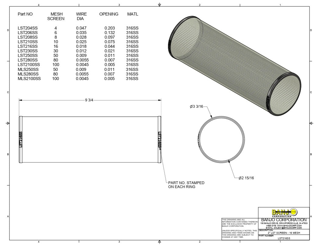 Banjo 16 Mesh 2 Inch Stainless T Strainer Screen 316 Stainless Steel - LST216SS