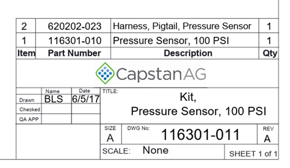 Capstan AG Pressure Sensor Transducer Kit With Harness 100 PSI - 116301-011