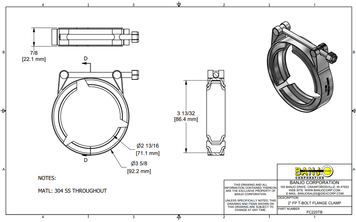 Banjo Stainless Steel 2 Inch Full Port T-Bolt Flange Clamp - FC220TB