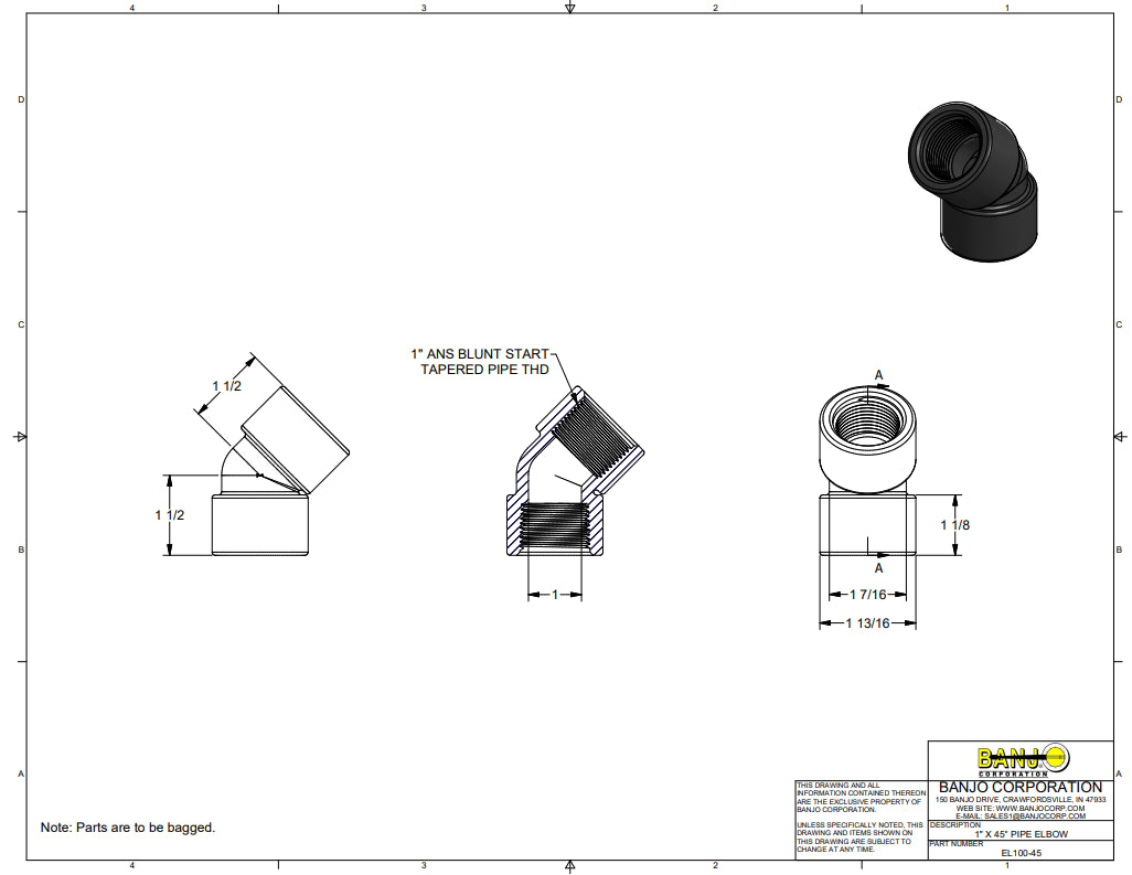 Banjo 45 Degree Polypropylene Pipe Elbow 1" NPT Female - EL100-45
