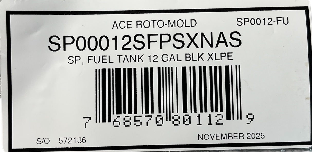 Ace Roto Mold Poly 12 Gallon Fuel Tank Rectangle XLPE With 1/4" Brass Fitting - SP0012-FUWB
