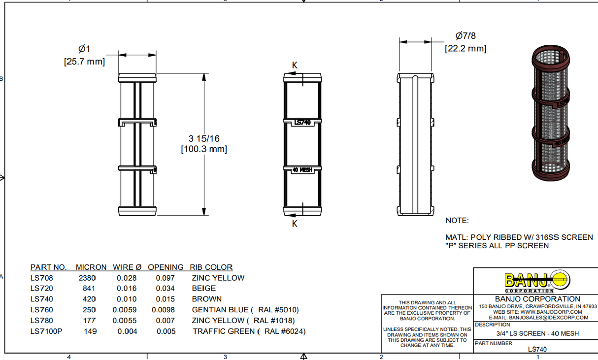 Banjo 40 Mesh Line Strainer Screen for 1/2" and 3/4" Y Strainers - LS740